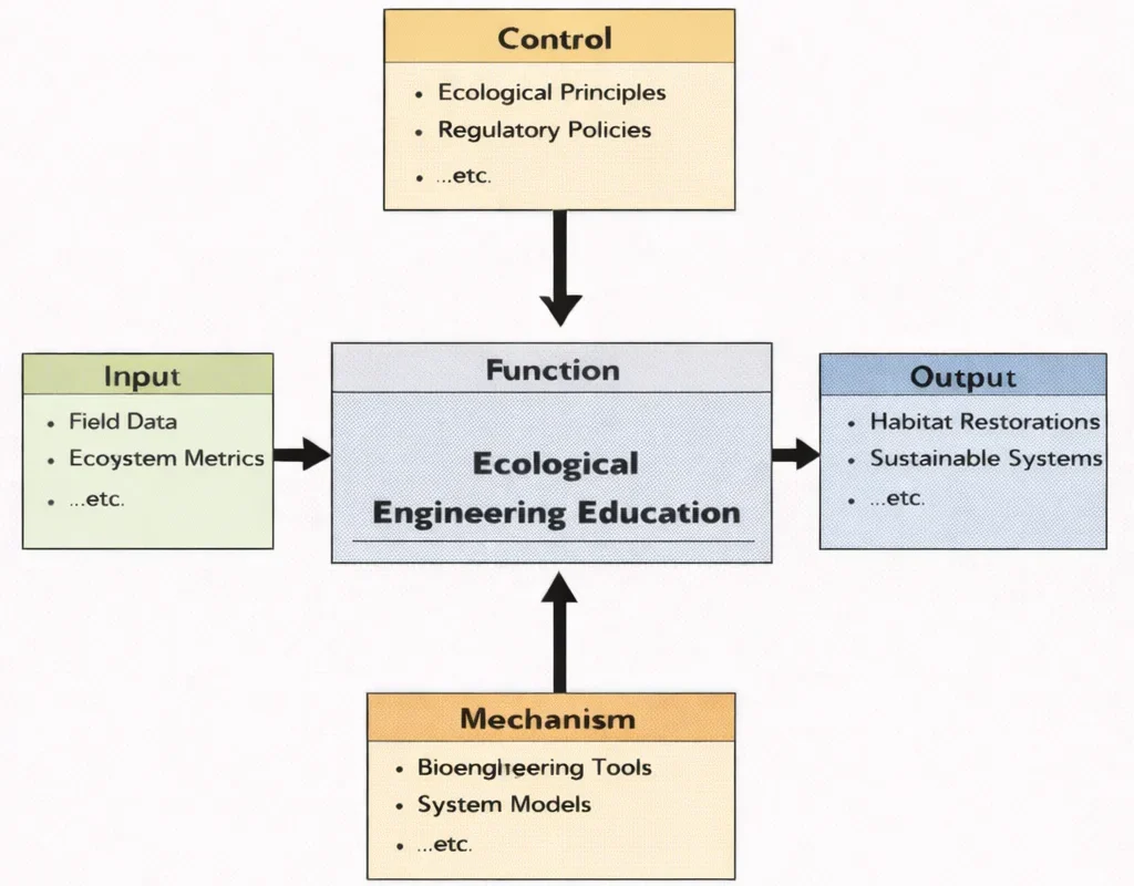 IDEF0 diagram of Ecological Engineering Education showing Inputs (field data, ecosystem metrics), Controls (ecological principles, regulatory policies), Mechanisms (bioengineering tools, system models), and Outputs (habitat restorations, sustainable systems).