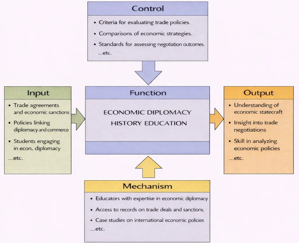 IDEF0 diagram showing “Economic Diplomacy History Education” as the central function, with Input, Control, Output, and Mechanism boxes connected by arrows.