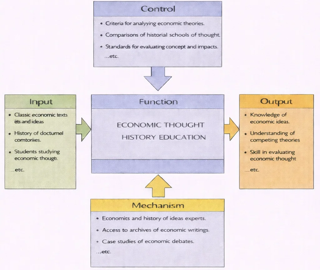 IDEF0 diagram showing Economic Thought History Education with Input, Control, Output, and Mechanism boxes connected by arrows to a central Function box.