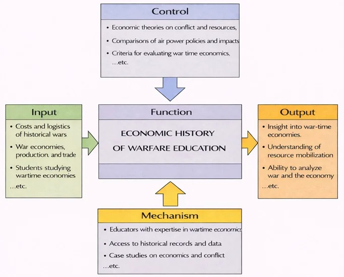 IDEF0 diagram of Economic History of Warfare Education showing a central “Function” box with Inputs (costs and logistics of historical wars, war economies/production/trade, students studying wartime economies), Controls (economic theories on conflict and resources, comparisons of war policies and impacts, criteria for evaluating wartime economics), Mechanisms (educators with expertise in wartime economics, access to historical records and data, case studies on economics and conflict), and Outputs (insight into wartime economies, understanding of resource mobilization, ability to analyze war and the economy).