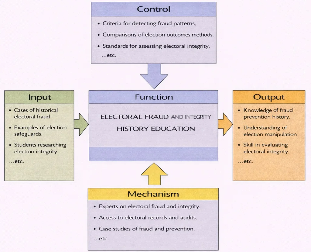 IDEF0 diagram of Electoral Fraud and Integrity History Education showing Inputs, Controls, Outputs, and Mechanisms flowing into a central Function box.