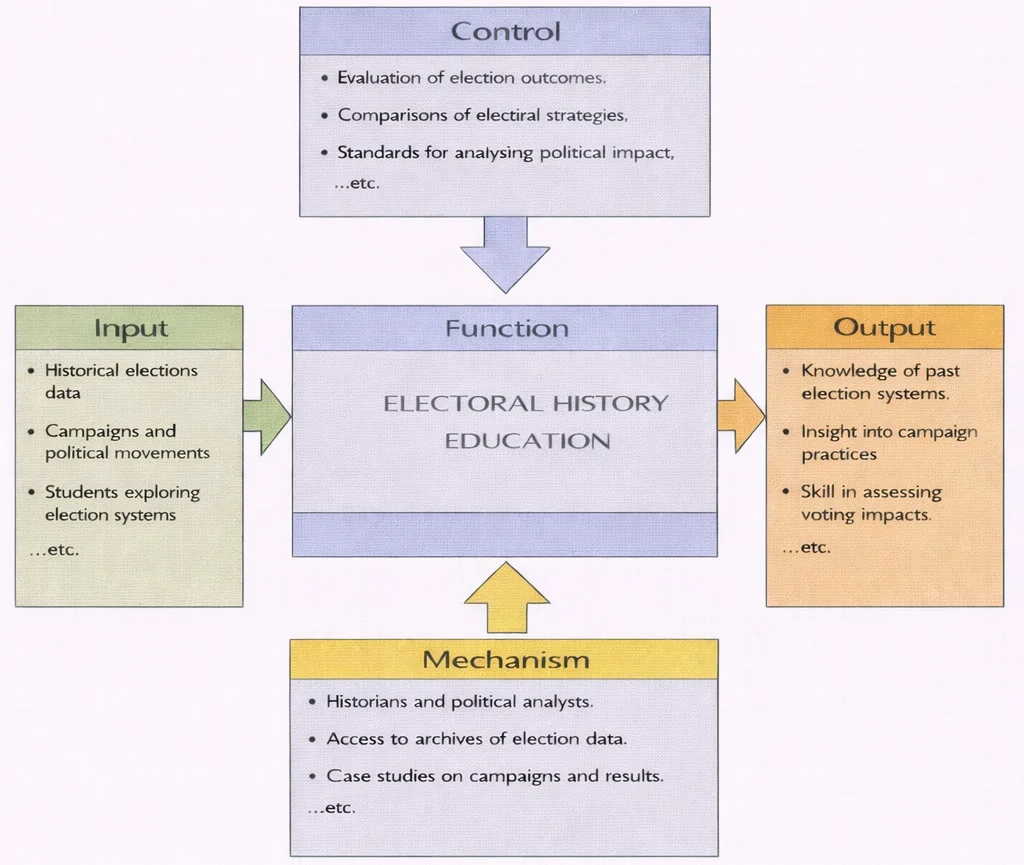 IDEF0 diagram showing “Electoral History Education” with Input, Control, Output, and Mechanism boxes connected by arrows.