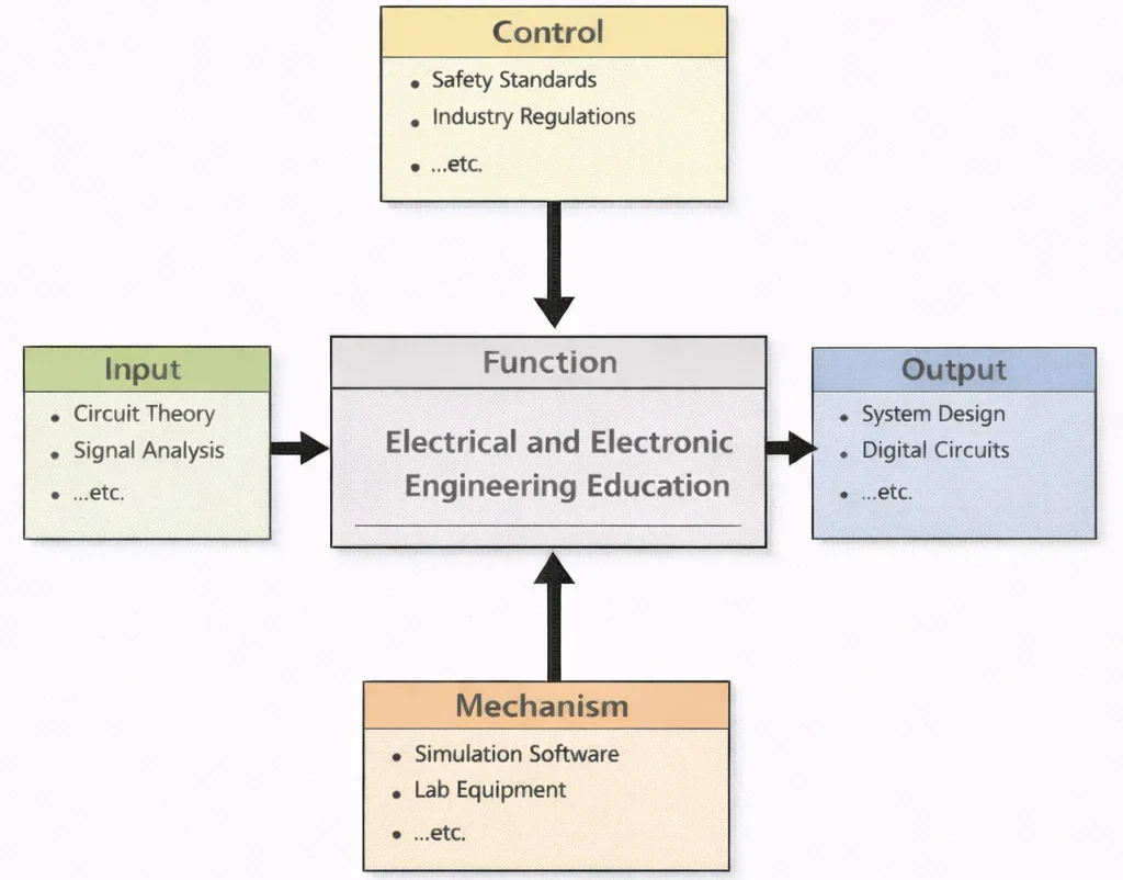IDEF0 diagram of Electrical and Electronic Engineering Education showing Inputs (circuit theory, signal analysis), Controls (safety standards, industry regulations), Mechanisms (simulation software, lab equipment), and Outputs (system design, digital circuits).