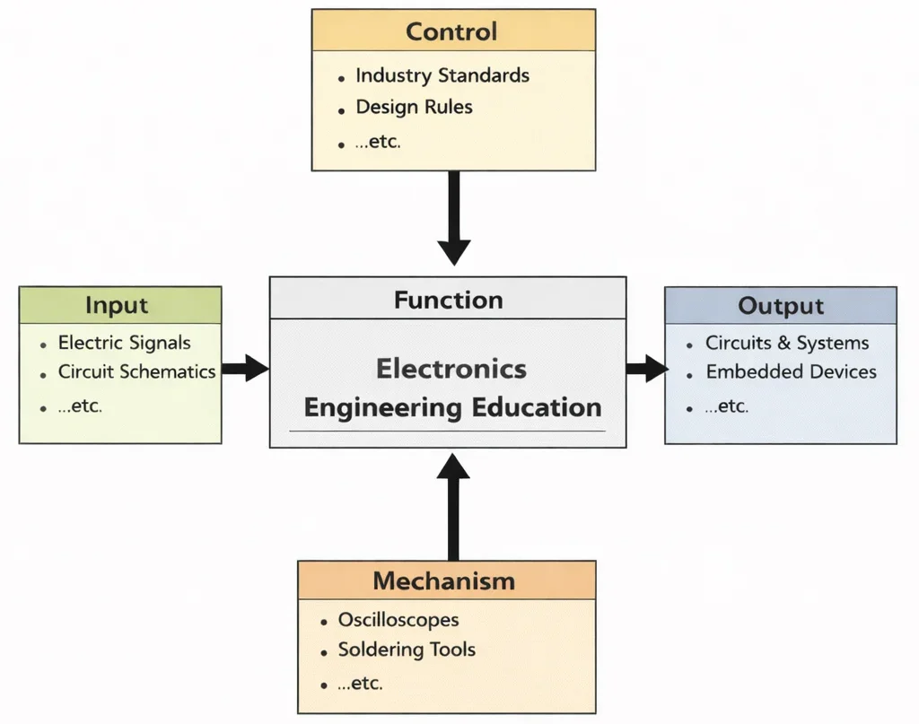 IDEF0 structured process diagram of Electronics Engineering Education showing signal inputs, circuit schematics, industry standards, fabrication mechanisms, and completed embedded devices