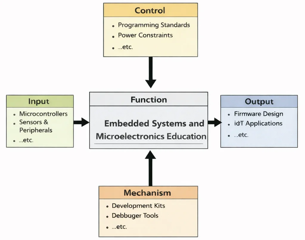 IDEF0 diagram of Embedded Systems and Microelectronics Education showing Inputs (microcontrollers; sensors & peripherals), Controls (programming standards; power constraints), Mechanisms (development kits; debugger tools), and Outputs (firmware design; IoT applications) flowing through a central Function box.