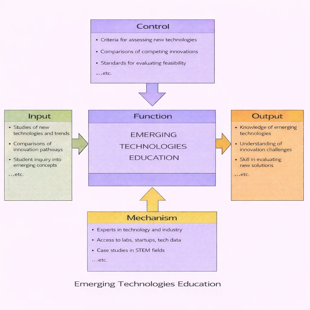 IDEF0 diagram for Emerging Technologies Education showing inputs, controls, mechanisms, and outputs connected by arrows to a central function box.