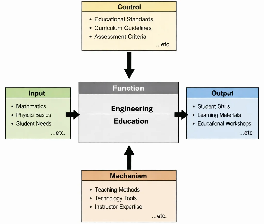 IDEF0 diagram of “Engineering Education” showing mathematics and physics inputs, curriculum controls, teaching mechanisms, and outputs such as student skills and learning materials.