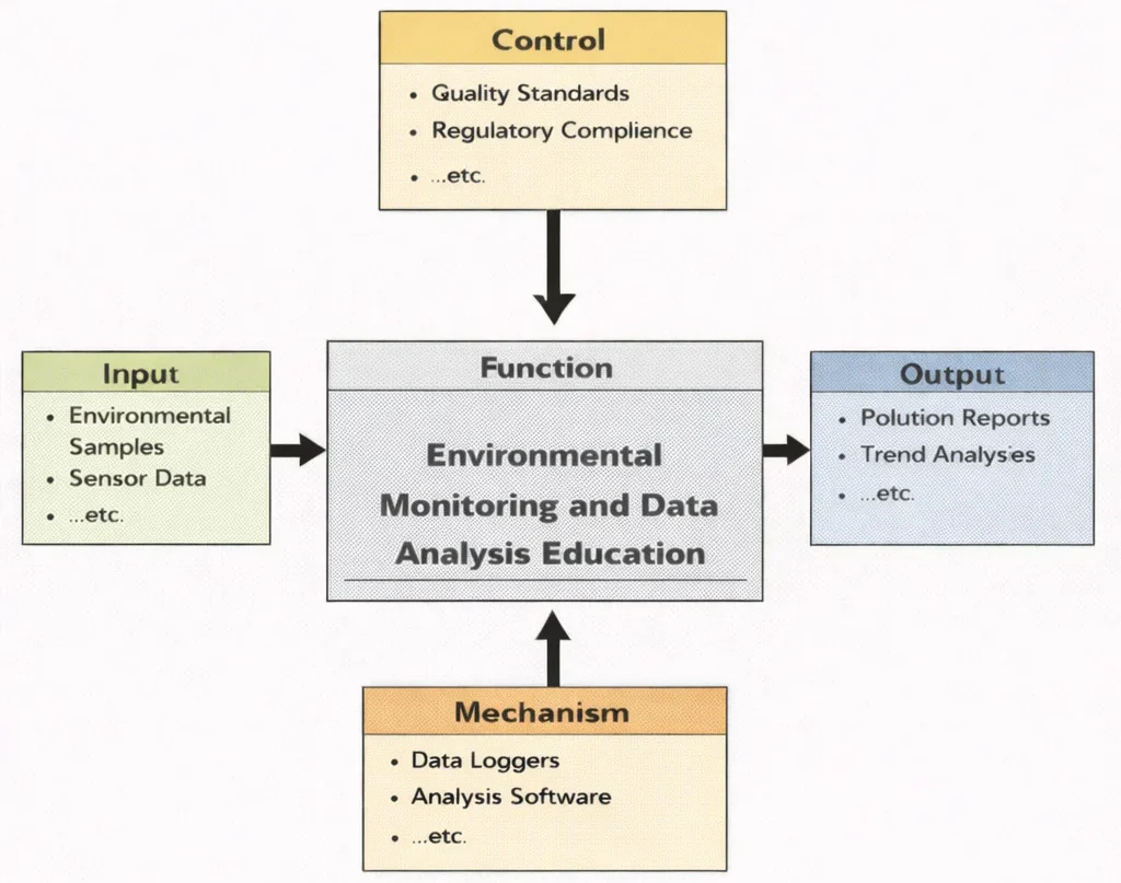 IDEF0 diagram showing Environmental Monitoring and Data Analysis Education: inputs (field data, remote sensing, lab samples), controls (standards, QA/QC, ethics), mechanisms (sensors, GIS, analytics tools), and outputs (indicators, reports, decisions).