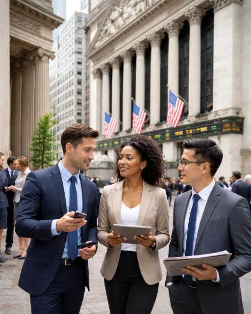 Financial professionals standing outside a major stock exchange building, discussing market data using tablets and smartphones.