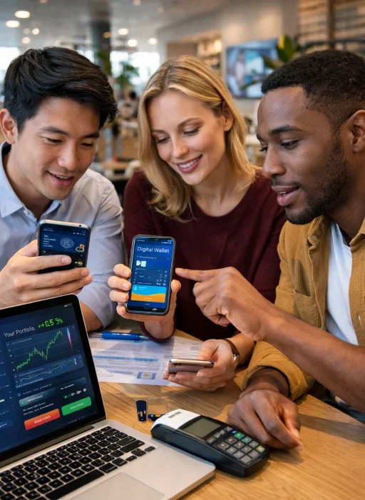 Three young adults reviewing digital finance apps on smartphones and a laptop in a modern café workspace.