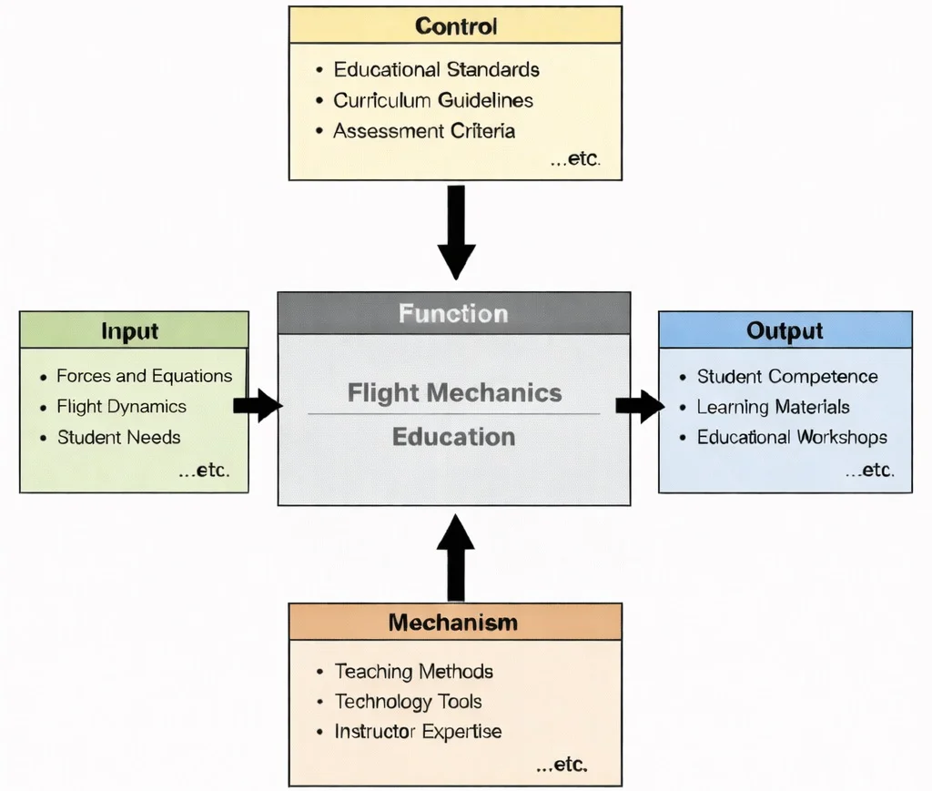 IDEF0 diagram of “Flight Mechanics Education” showing inputs, controls, mechanisms, and outputs connected by arrows to a central function box.