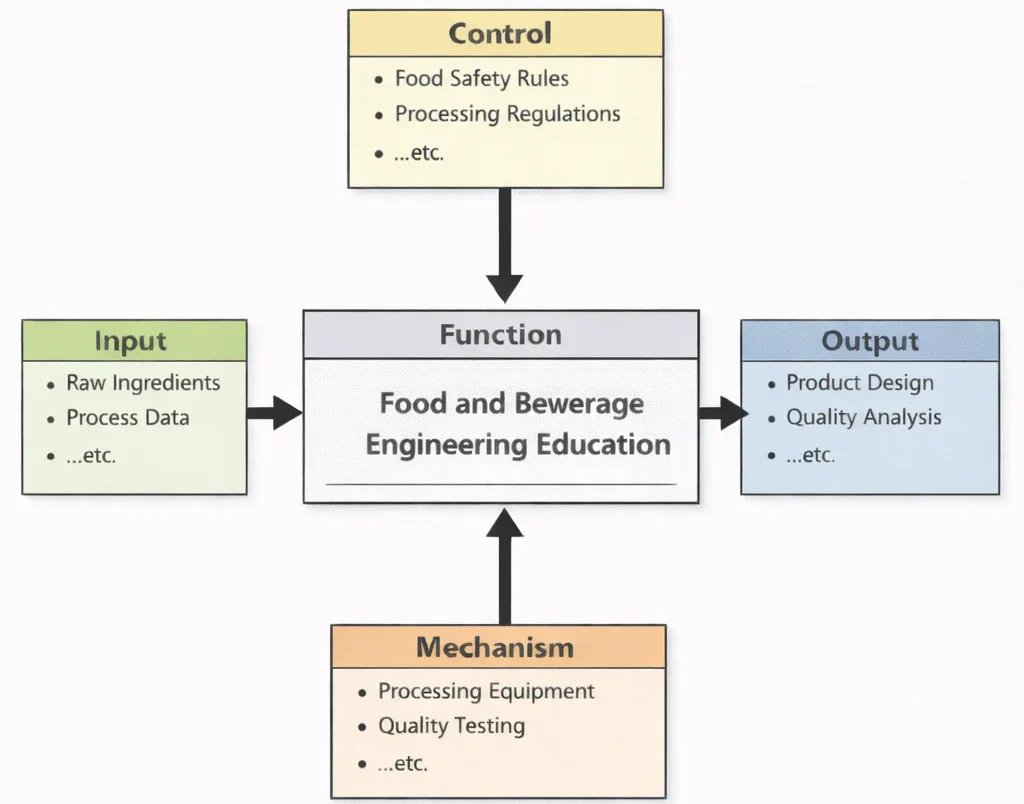 IDEF0 diagram of Food and Beverage Engineering Education showing Inputs (raw ingredients, process data), Controls (food safety rules, processing regulations), Mechanisms (processing equipment, quality testing), and Outputs (product design, quality analysis).