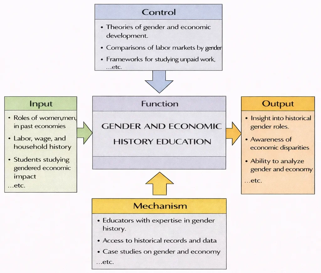 IDEF0 diagram of Gender and Economic History Education showing Inputs, Controls, Mechanisms, and Outputs