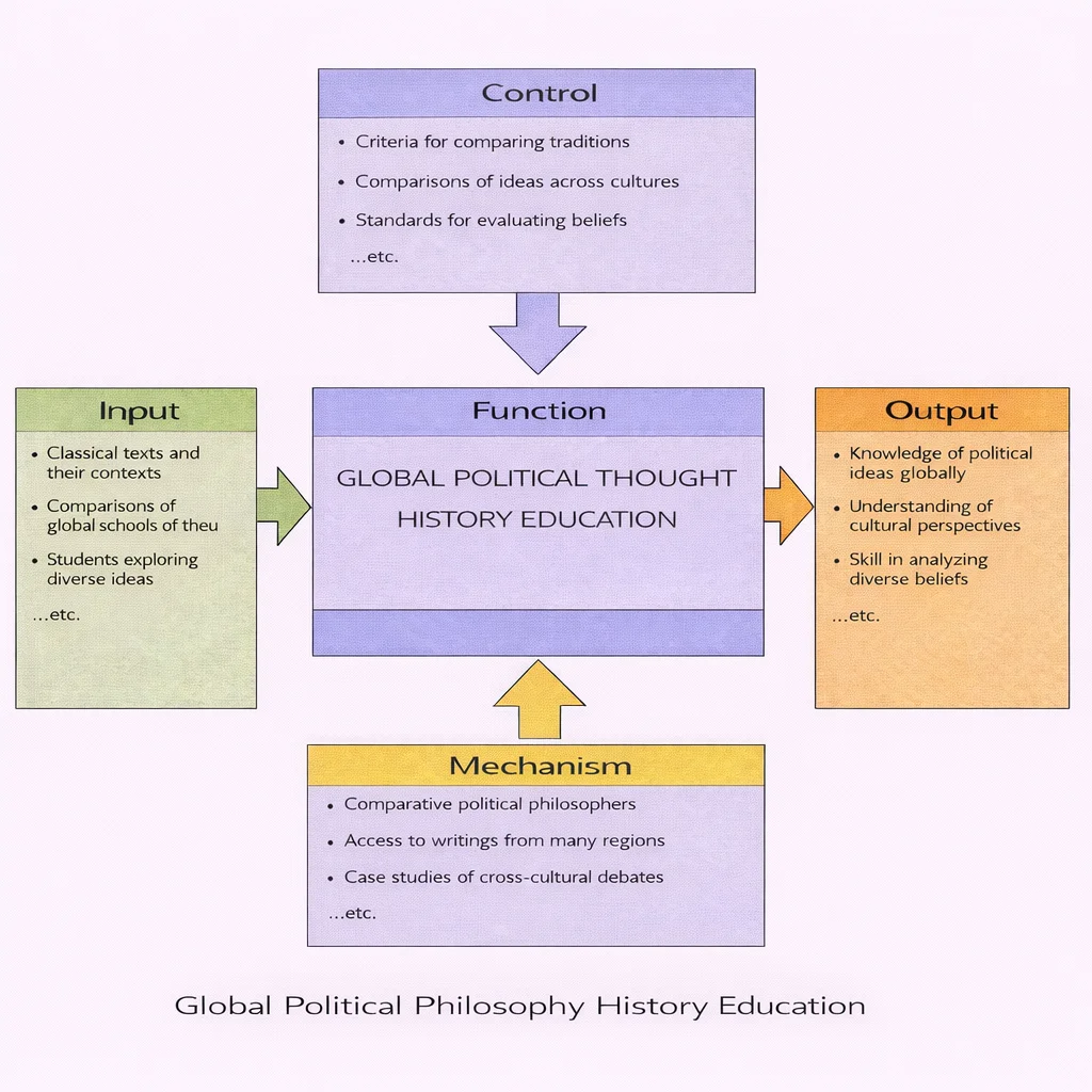 IDEF0 diagram of Global Political Thought History Education showing Inputs, Controls, Outputs, and Mechanisms around the central Function.