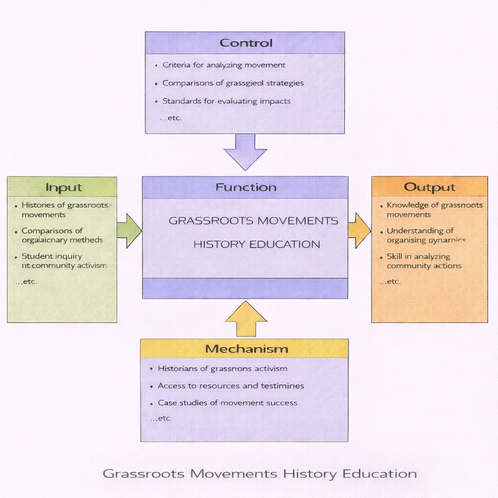 IDEF0 diagram of Grassroots Movements History Education showing Inputs, Controls, Outputs, and Mechanisms feeding a central Function.