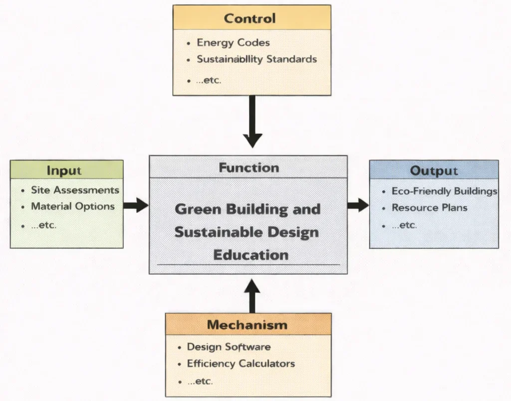 IDEF0 (I–C–O–M) diagram for Green Building and Sustainable Design Education, showing Inputs (site/climate data, materials), Controls (codes, sustainability standards), Mechanisms (tools, labs, teams), and Outputs (green designs, performance plans).