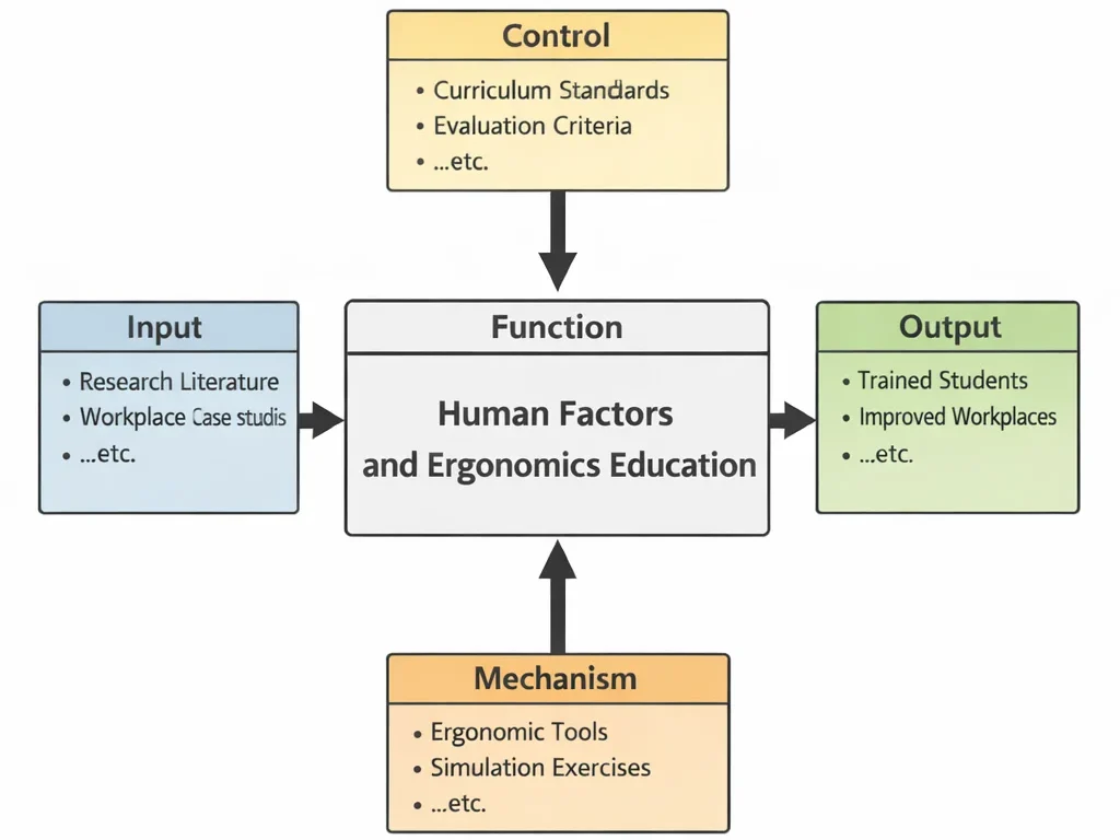 IDEF0 structured process diagram of Human Factors and Ergonomics Education showing research inputs, standards and evaluation controls, biomechanical simulation mechanisms, and student competencies.