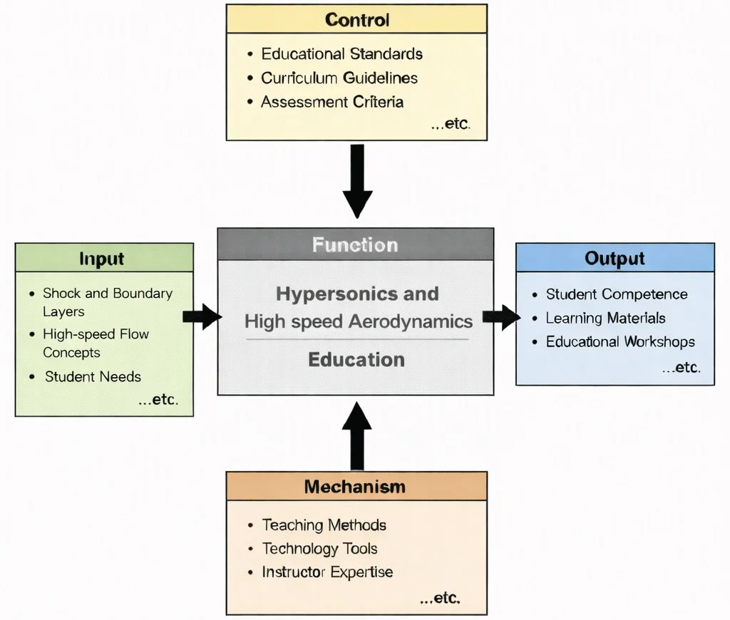 IDEF0 diagram of “Hypersonics and High-speed Aerodynamics Education” showing inputs, controls, mechanisms, and outputs connected by arrows to a central function box.