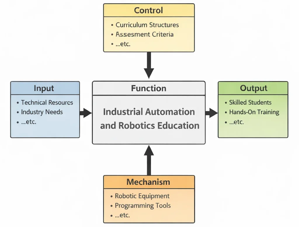 IDEF0 structured process diagram of Industrial Automation and Robotics Education showing technical inputs and curriculum controls feeding the learning function, supported by robotic hardware and software mechanisms, yielding industry-ready engineering competence.