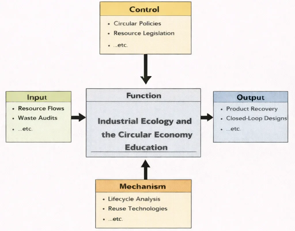 IDEF0 (I–C–O–M) diagram for Industrial Ecology and the Circular Economy Education, showing Inputs (material/energy flows, waste streams, lifecycle data), Controls (environmental regulations, circular-economy standards, sustainability targets), Outputs (circular design strategies, recycling/valorisation plans, impact reduction), and Mechanisms (LCA tools, industrial symbiosis networks, monitoring systems) feeding the central function.