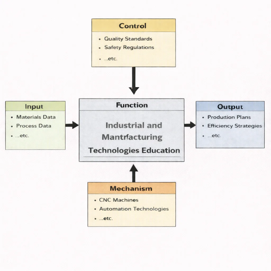 IDEF0 diagram of Industrial and Manufacturing Technologies Education showing Inputs (materials data, process data), Controls (quality standards, safety regulations), Outputs (production plans, efficiency strategies), and Mechanisms (CNC machines, automation technologies) feeding the central Function.