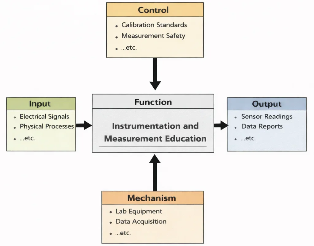 IDEF0 (I–C–O–M) diagram showing how Inputs, Controls, Mechanisms, and Outputs connect to the central function “Instrumentation and Measurement Education.”