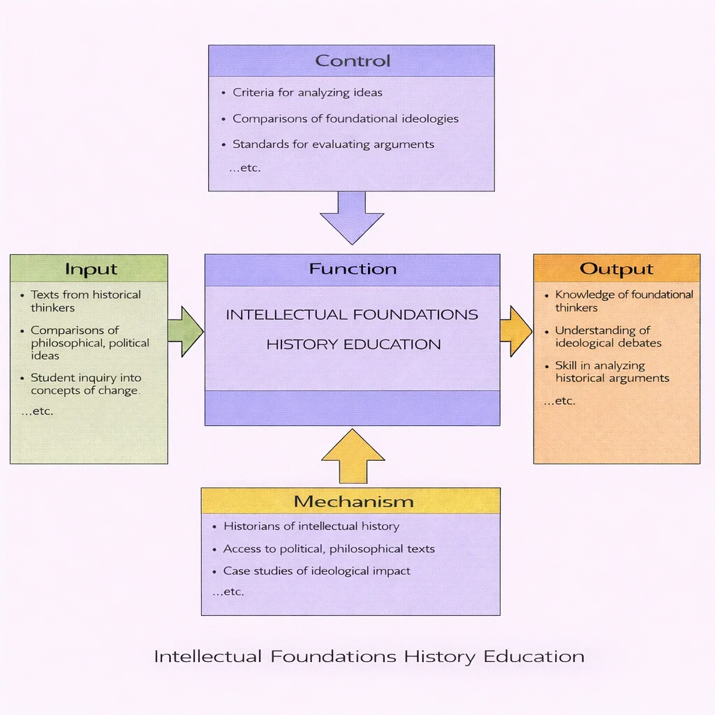 IDEF0 diagram of Intellectual Foundations History Education showing Input, Control, Output, and Mechanism feeding a central Function.