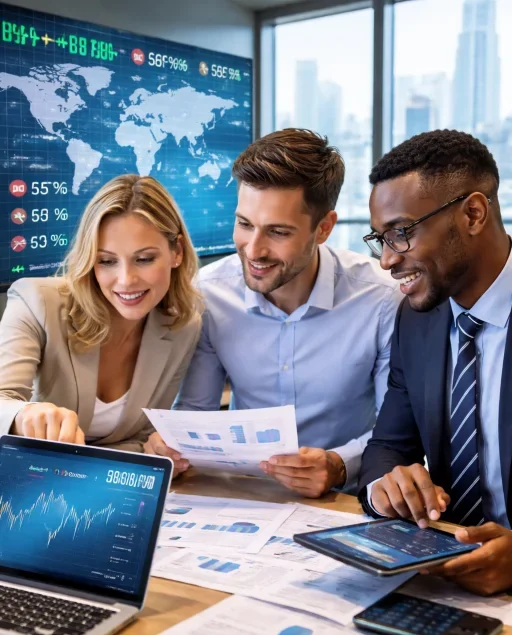 Finance professionals reviewing international financial data, including currency charts and a world map, while discussing global market trends.