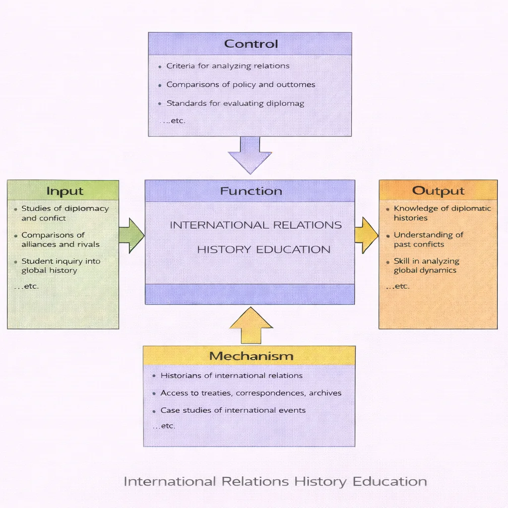 IDEF0 view of International Relations History Education showing Inputs, Controls, Outputs, and Mechanisms.