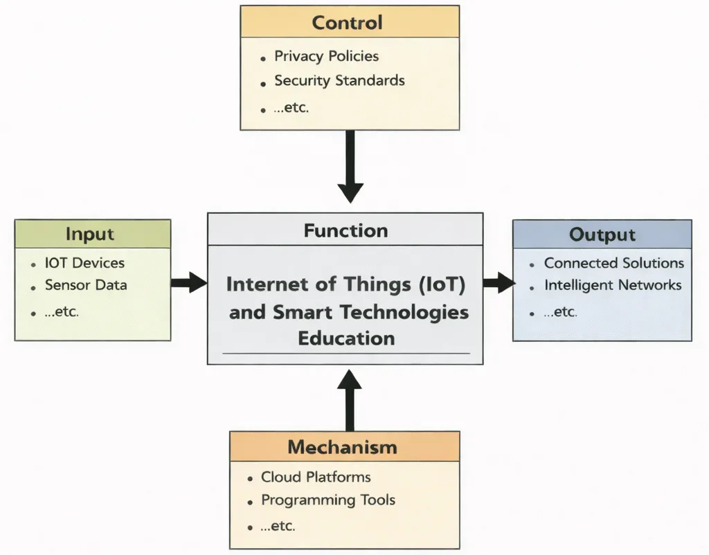 IDEF0 diagram showing Internet of Things (IoT) and Smart Technologies Education with Input (IoT devices, sensor data), Control (privacy policies, security standards), Mechanism (cloud platforms, programming tools), and Output (connected solutions, intelligent networks).