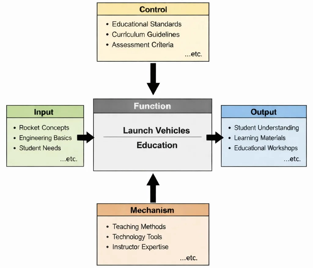 IDEF0 diagram of Launch Vehicles Education showing inputs, controls, mechanisms, and outputs connected to a central function box.