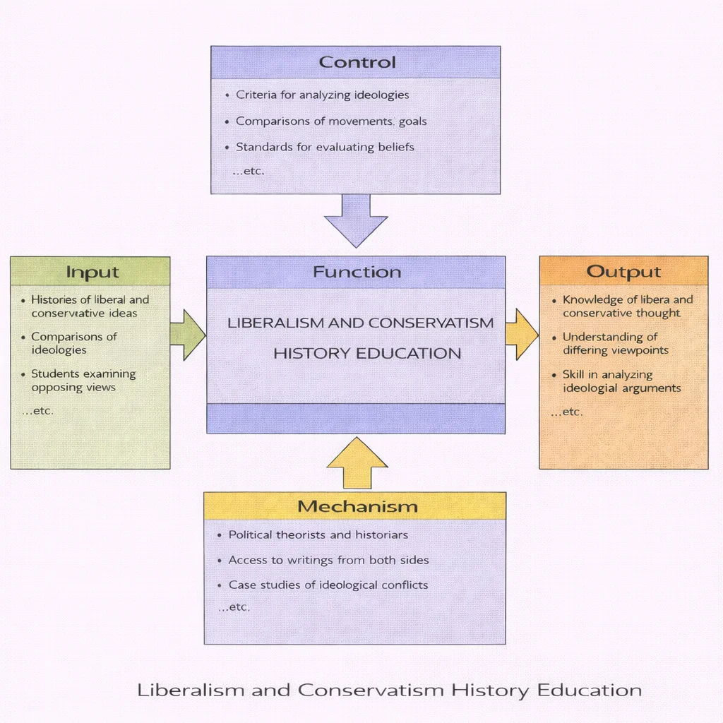 IDEF0 diagram of “Liberalism and Conservatism History Education” showing Input, Control, Output, and Mechanism flows into and out of the central Function box.