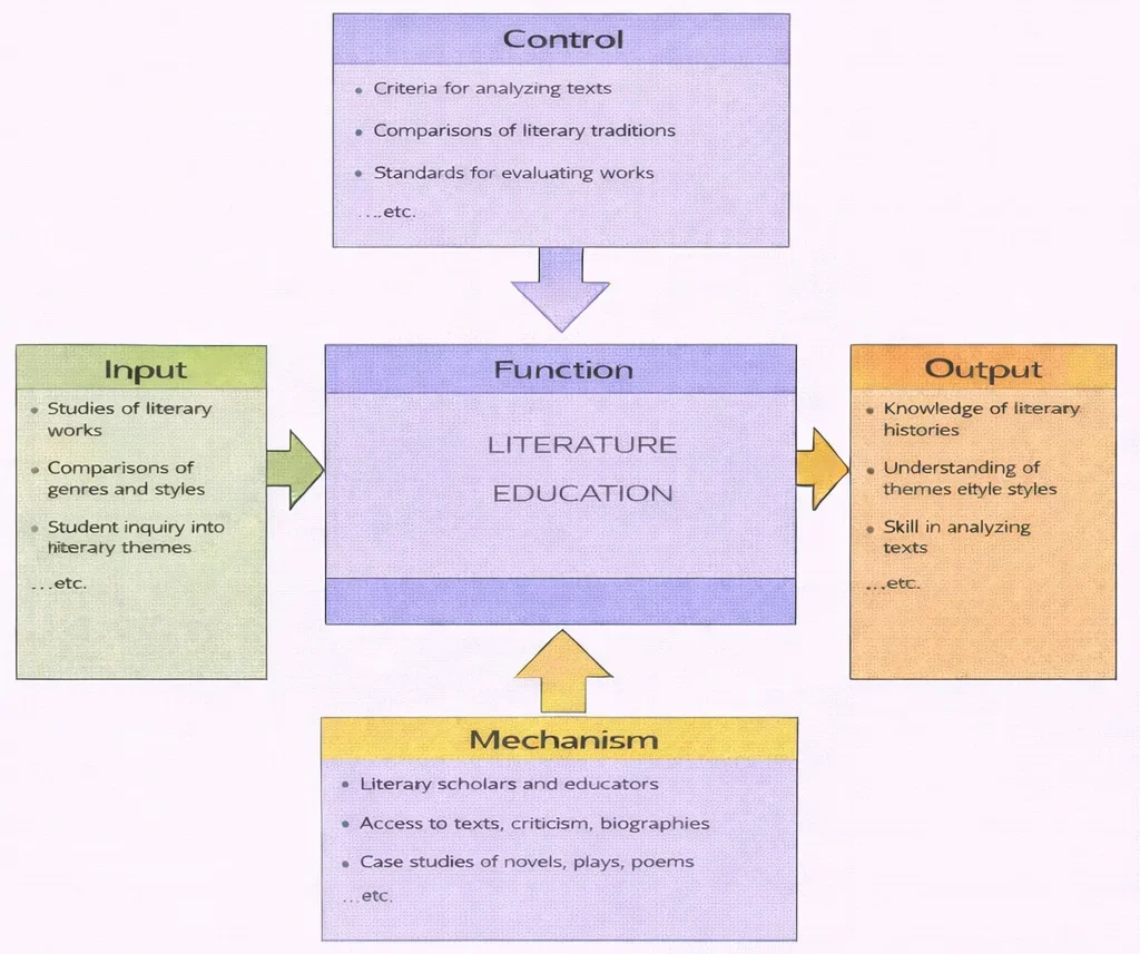 IDEF0 diagram showing how Literature Education transforms studies of literary works (inputs) under analytical criteria and evaluation standards (controls), supported by scholars and access to texts (mechanisms), into literary knowledge and text-analysis skills (outputs).