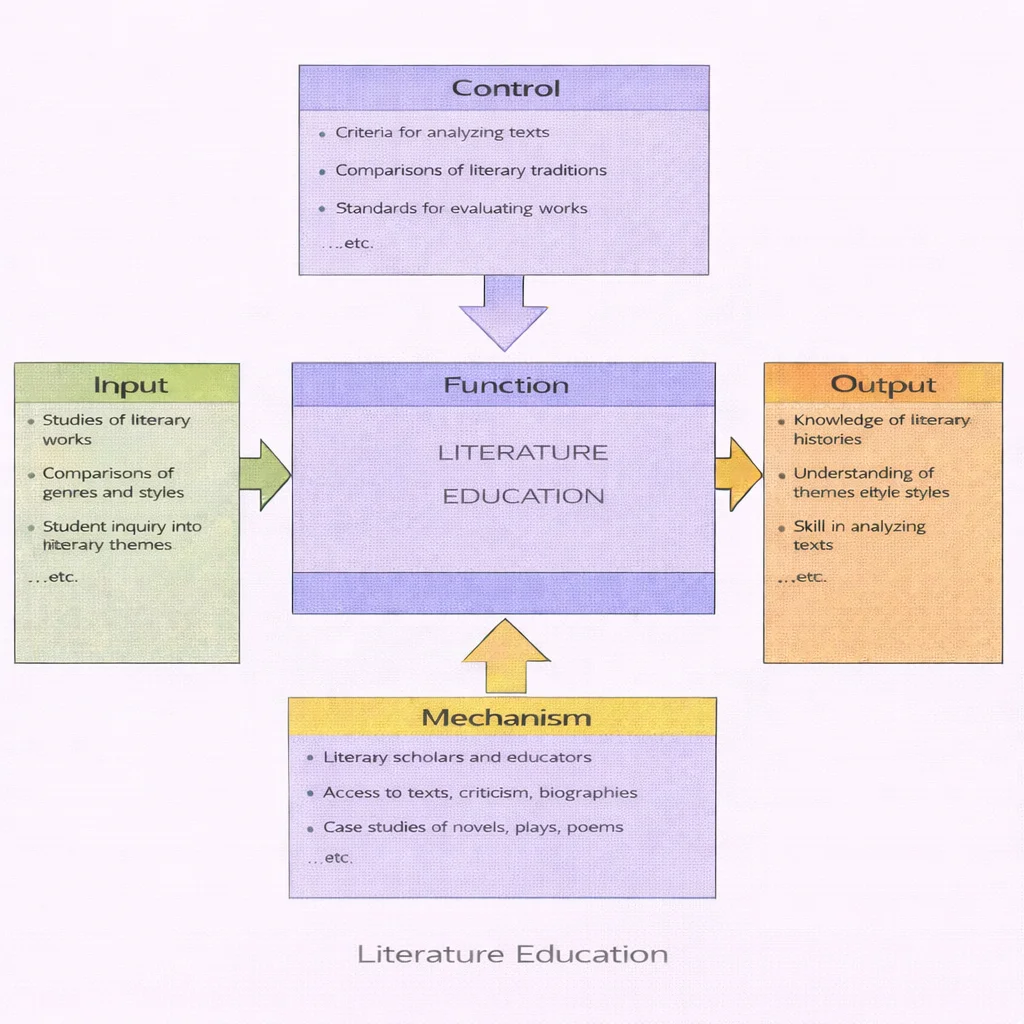 IDEF0 diagram showing how Literature Education transforms studies of literary works (inputs) under analytical criteria and evaluation standards (controls), supported by scholars and access to texts (mechanisms), into literary knowledge and text-analysis skills (outputs).