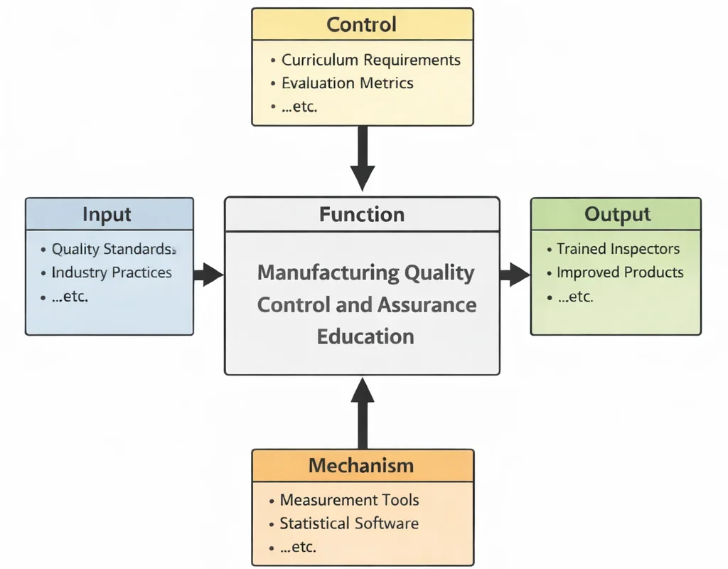 IDEF0 diagram of Manufacturing Quality Control and Assurance Education showing quality standards and industry practices as inputs, guided by curriculum requirements and evaluation metrics, enabled by measurement tools and statistical software, producing trained inspectors and improved products.
