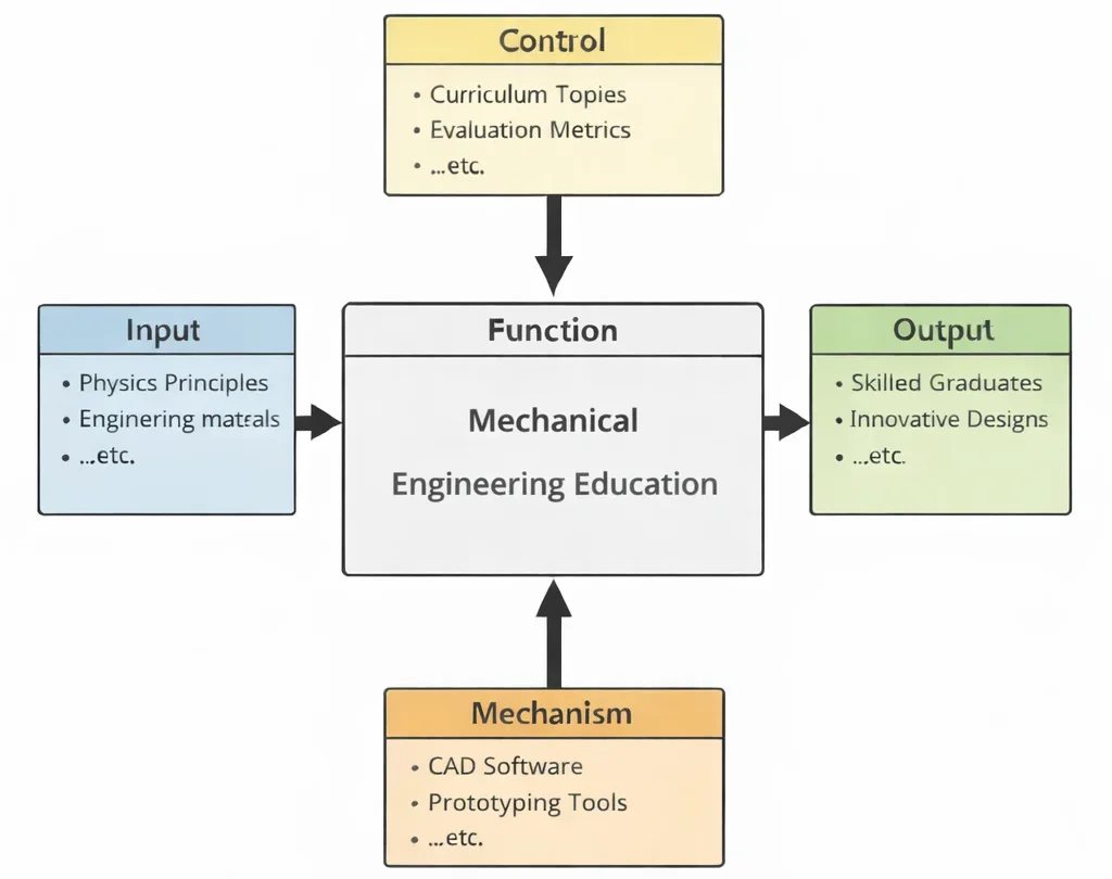 IDEF0 diagram of Mechanical Engineering Education showing inputs, controls, mechanisms, and outputs.