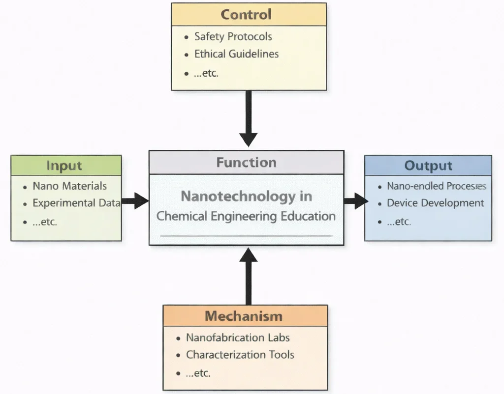 IDEF0 diagram of Nanotechnology in Chemical Engineering Education showing Inputs (nano materials, experimental data), Controls (safety protocols, ethical guidelines), Mechanisms (nanofabrication labs, characterization tools), and Outputs (nano-enabled processes, device development).