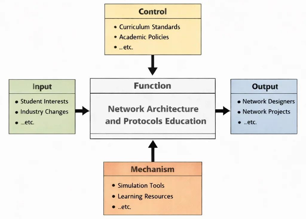 IDEF0 diagram of “Network Architecture and Protocols Education” showing Input (student needs, industry requirements), Control (curriculum standards, academic policies), Output (skilled practitioners, network design projects), and Mechanism (networking tools, lab platforms, learning resources) linked to the central function.