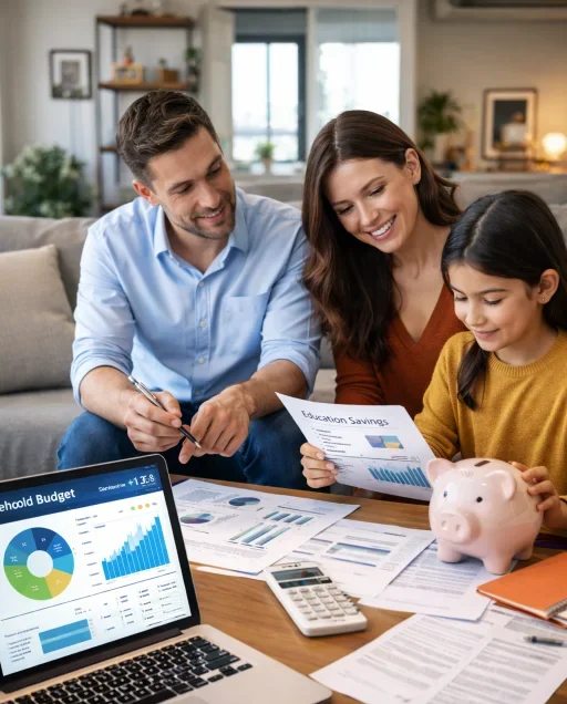 Family reviewing financial documents together at home while planning savings and budgeting goals.