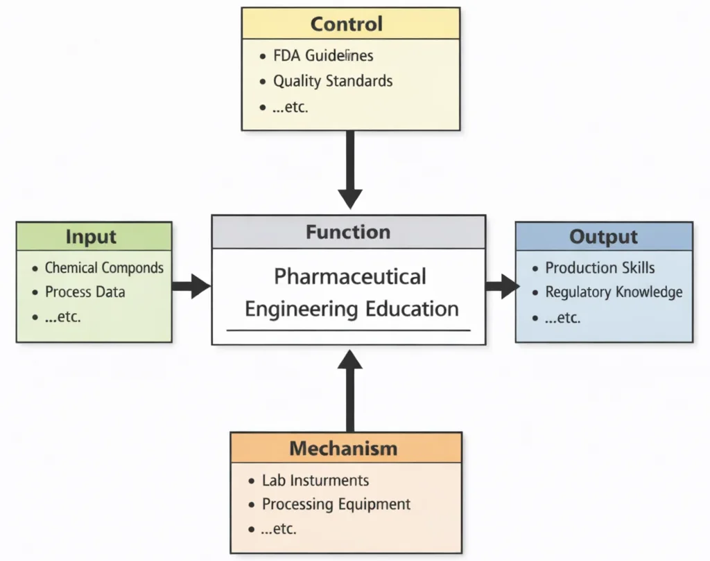 IDEF0 diagram of Pharmaceutical Engineering Education showing Inputs (drug substances, formulation data), Controls (GMP standards, regulatory requirements), Mechanisms (processing equipment, quality testing tools), and Outputs (manufacturing skills, quality-focused engineering practice).