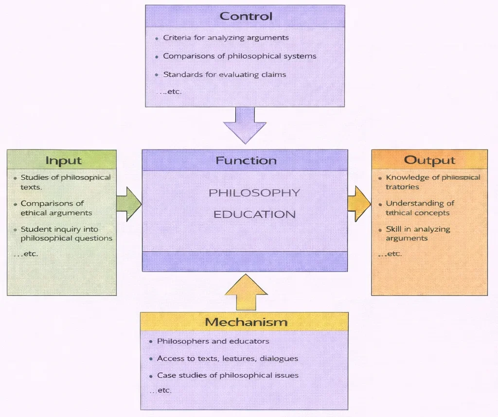 IDEF0 diagram of Philosophy Education showing inputs, controls, outputs, and mechanisms flowing into and out of a central “Function” box.