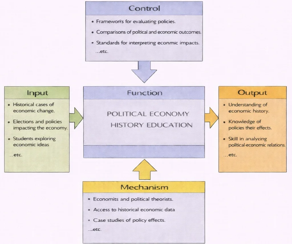 IDEF0 diagram showing how Political Economy History Education transforms inputs under controls into outputs supported by mechanisms.