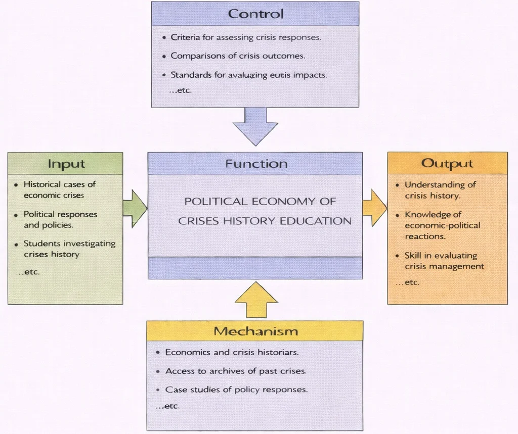 IDEF0 diagram for Political Economy of Crises History Education, showing Control, Input, Output, and Mechanism boxes connected by arrows to a central Function box.