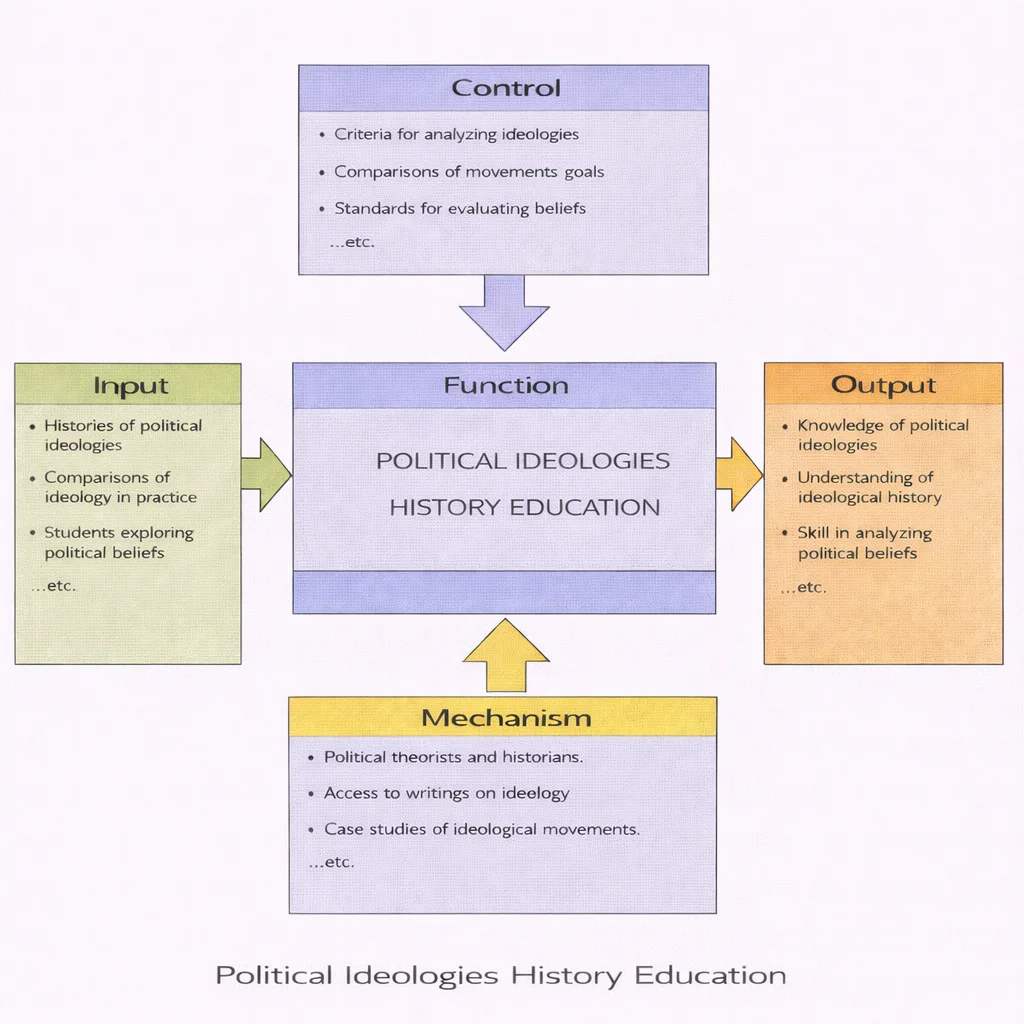 IDEF0 diagram of Political Ideologies History Education, showing Inputs, Controls, Outputs, and Mechanisms feeding a central Function.