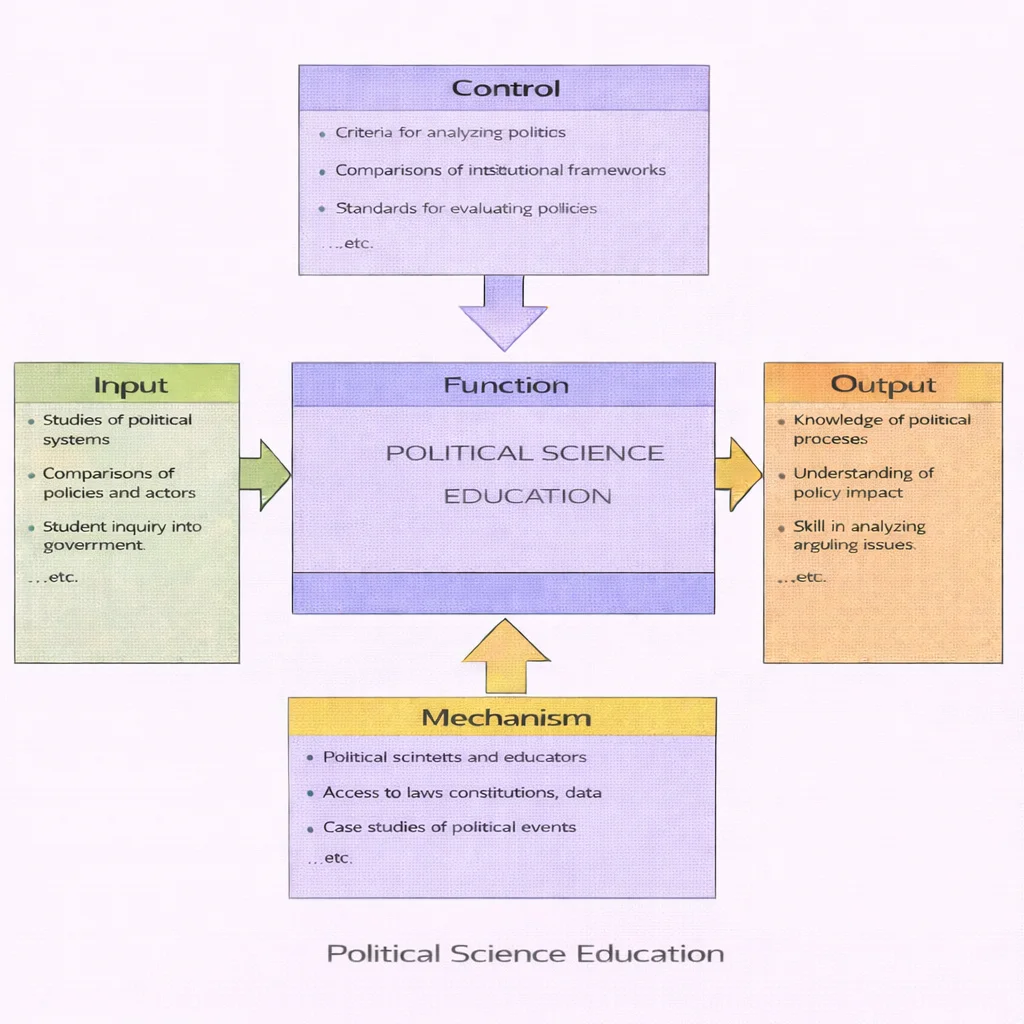 IDEF0 diagram of Political Science Education showing Input, Control, Output, and Mechanism arrows feeding a central Function box.