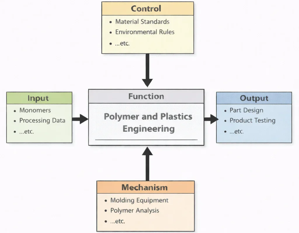 IDEF0 diagram of Polymer and Plastics Engineering Education showing Inputs (monomers, processing data), Controls (material standards, environmental rules), Mechanisms (molding equipment, polymer analysis), and Outputs (part design, product testing).