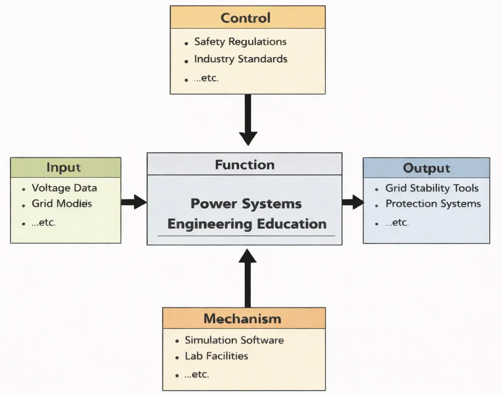 IDEF0 diagram showing Power Systems Engineering Education with inputs of voltage data and grid models, controls of safety regulations and standards, mechanisms of simulation tools and laboratories, and outputs of stability and protection systems