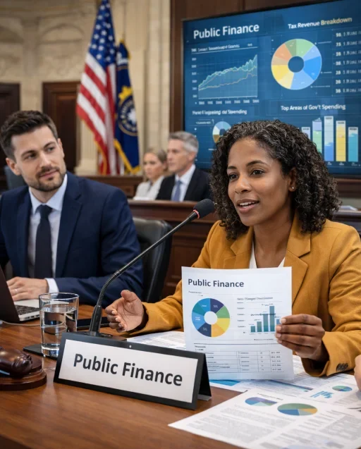 Government policy meeting discussing public finance, with officials reviewing fiscal reports and budget data in a formal chamber.