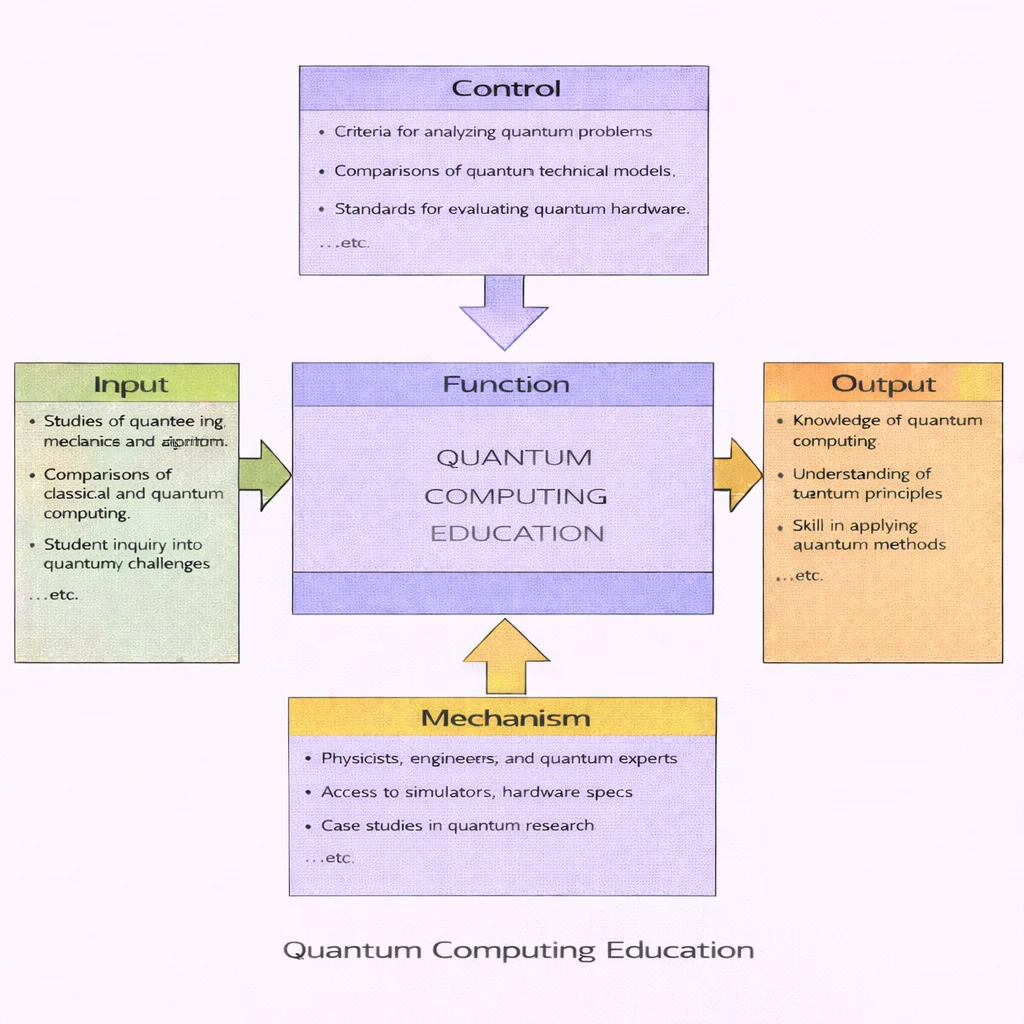 IDEF0 diagram showing Quantum Computing Education as the central function, with inputs, controls, outputs, and mechanisms linked by arrows.