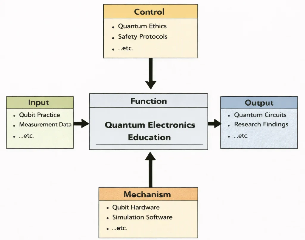 IDEF0 diagram showing Quantum Electronics Education with inputs of coherent photon and electron states, controls of decoherence mitigation and standards, mechanisms of cryogenic testbeds and microwave tools, and outputs of quantum computing and sensing systems